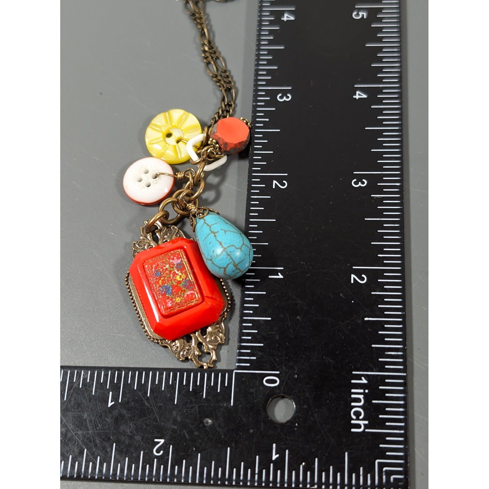 Grandmother’s Buttons Glass Charm Necklace Bronze Tone 27 Inch Artisan