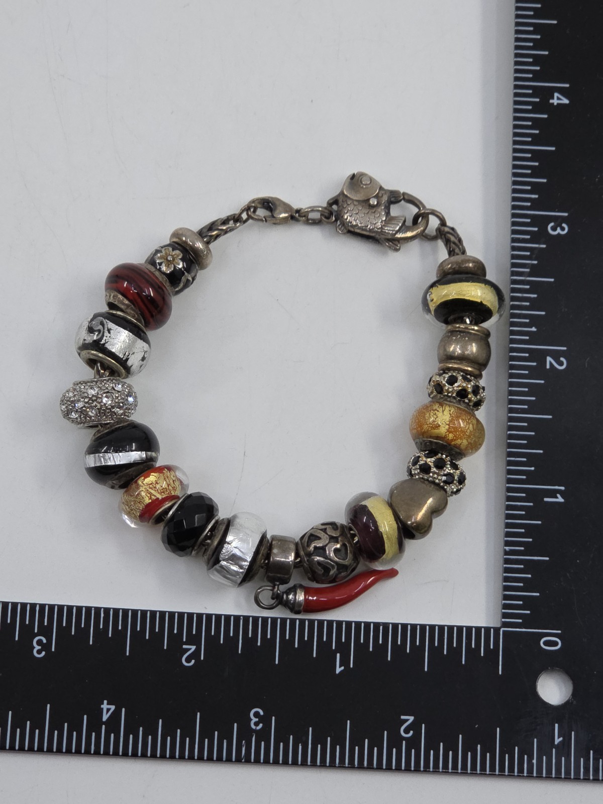 Trollbeads LAA 925 Silver Fish Lock Bracelet Murano Glass Red Cornicello Charm
