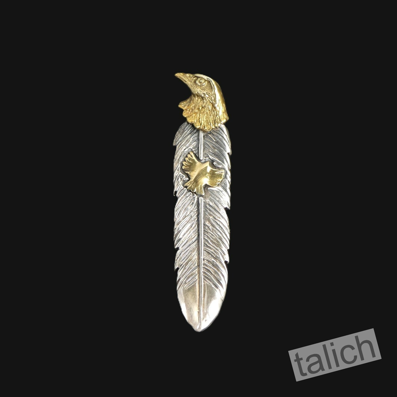925 Sterling Silver Feather with Shiny Brass Eagle Head Pendant Great Details