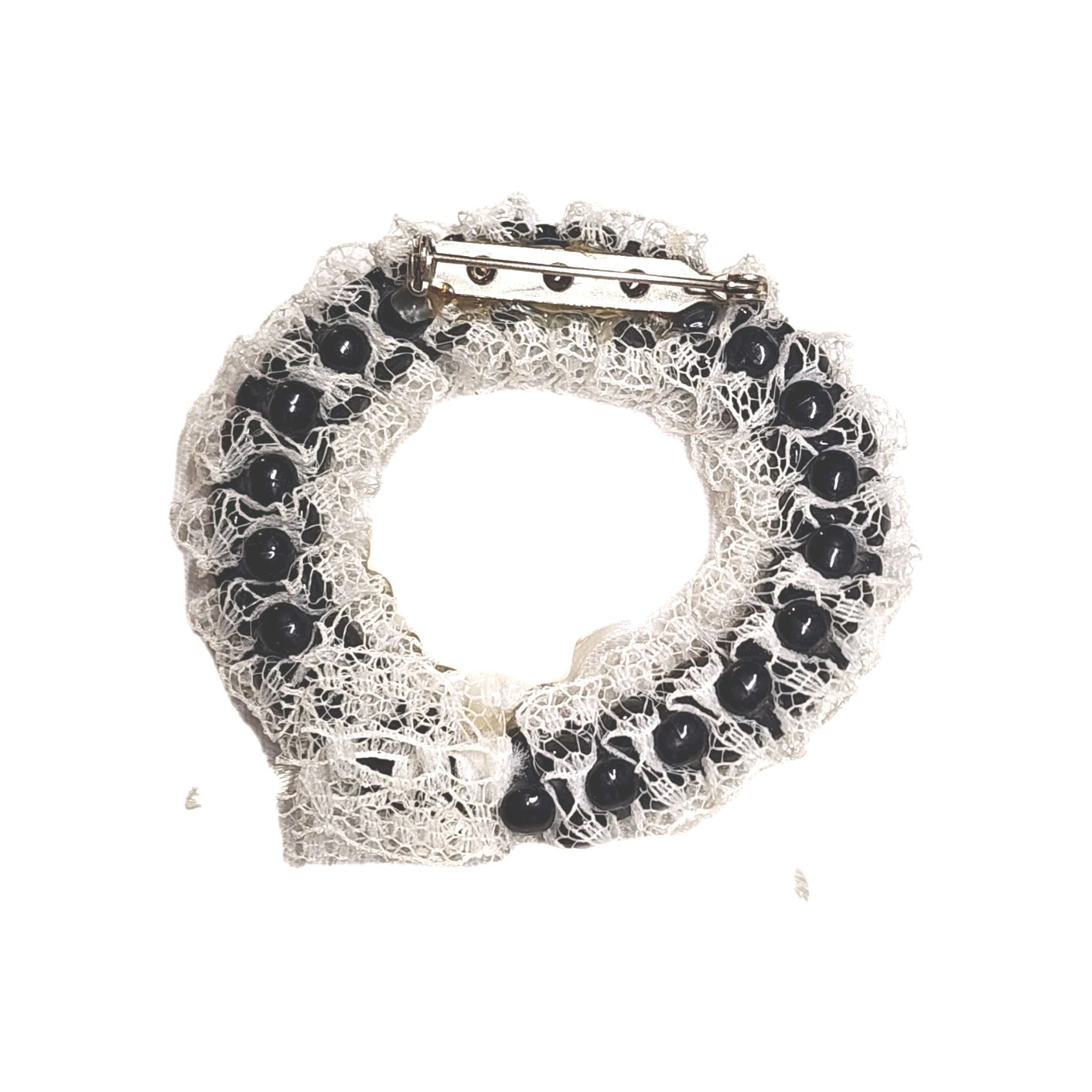 Vintage Handmade Amscan Ghost Round Wreath Pin Brooch Black & White Halloween