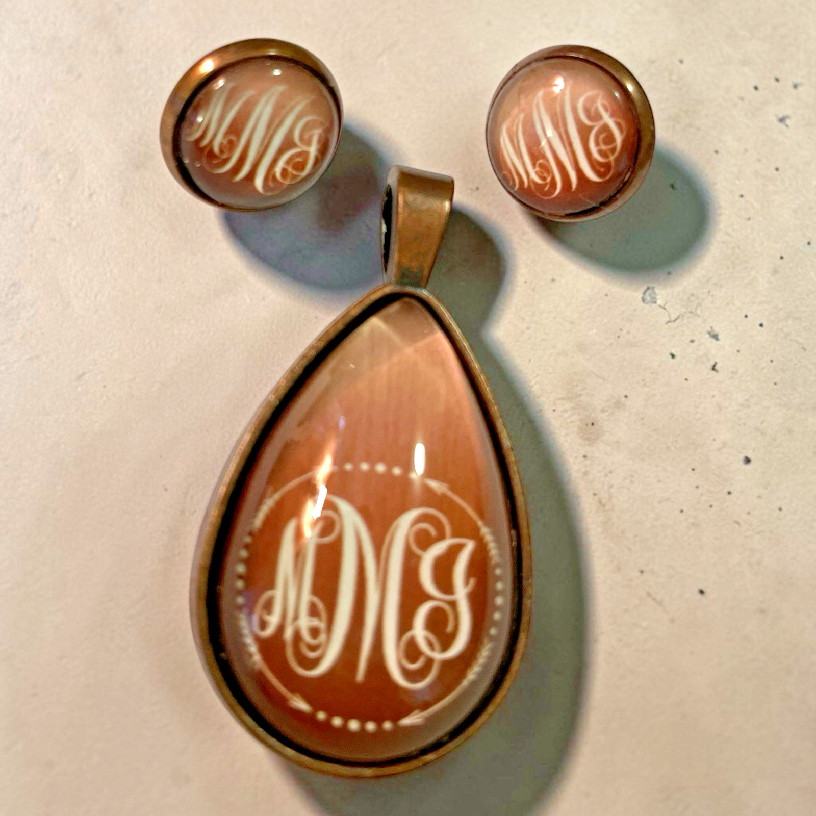 Personalized Monogram Initial Pendant MMG (or MMJ) Earrings Set Bronzed Metal
