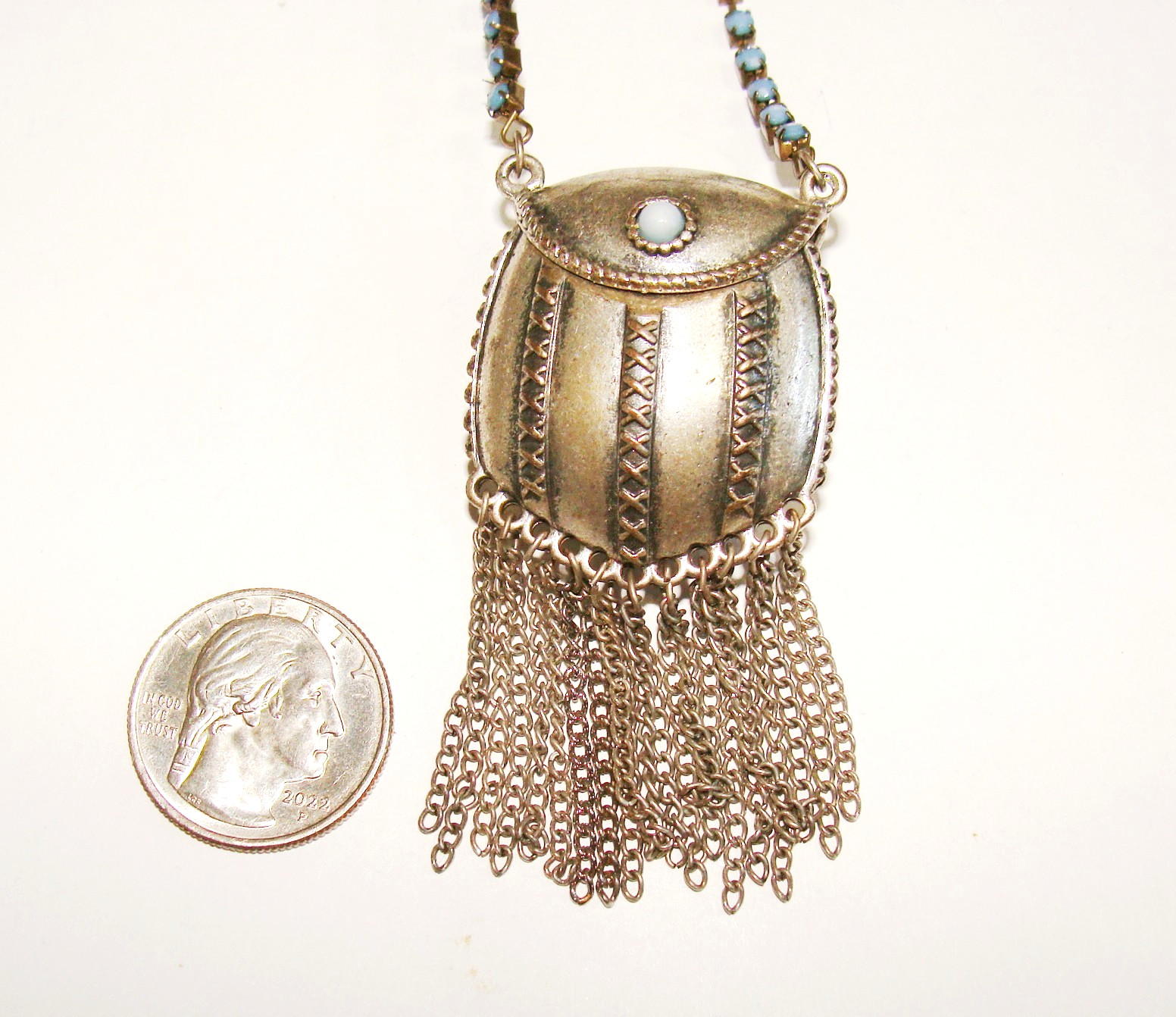 VTG Ethnic Silvertone Blue Bead Compartment Pill Poison Purse Like Necklace 31″