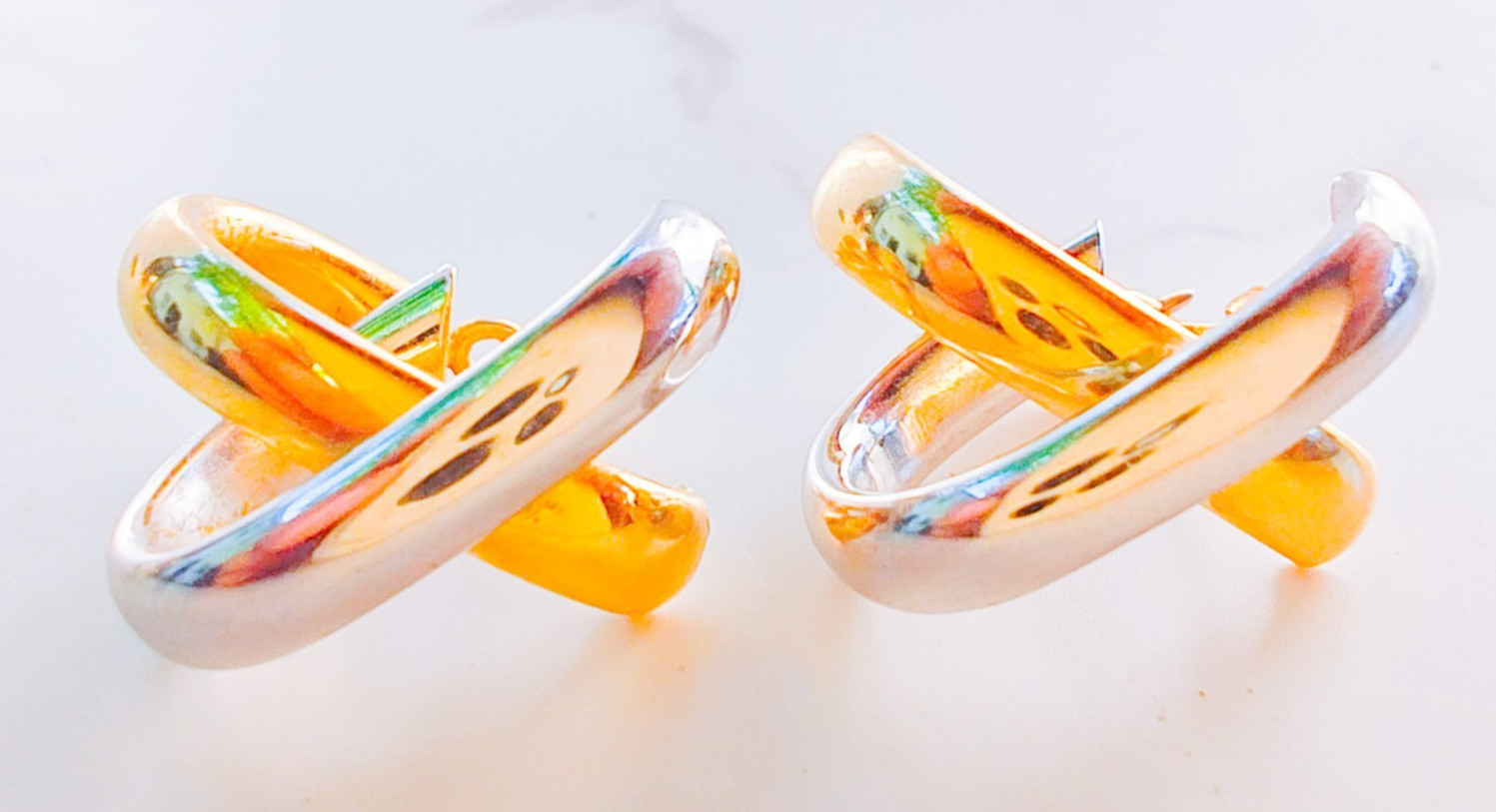 14K Two‑Tone Gold X‑Design Earrings • 2.50g • Snap‑Bar • Marked 14K Israel
