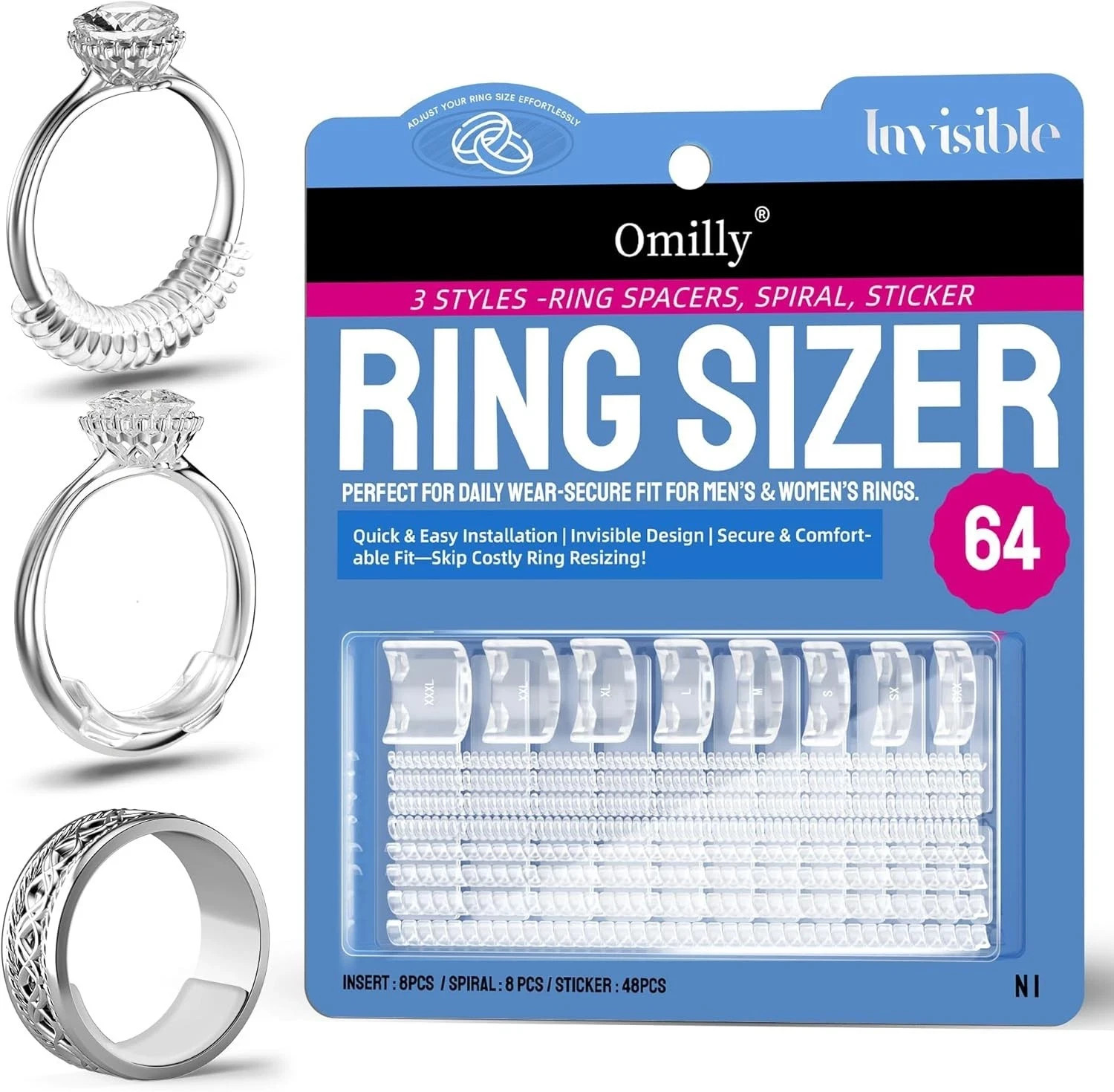 Ring Sizer Adjuster for Loose Rings 64-Piece Set with 3 Types Spiral Coils, Ring
