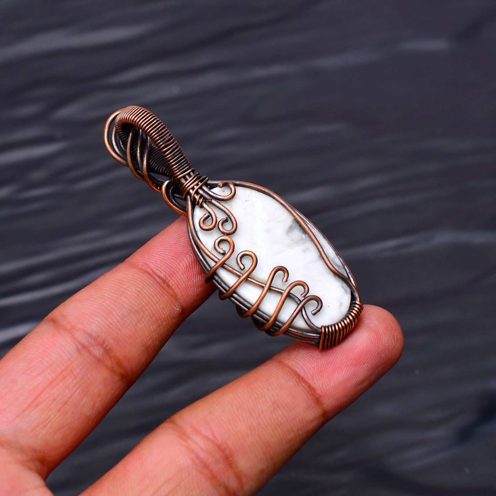 Howlite Gemstone Copper Wire Wrapped Handmade Jewelry Pendant 2.28″