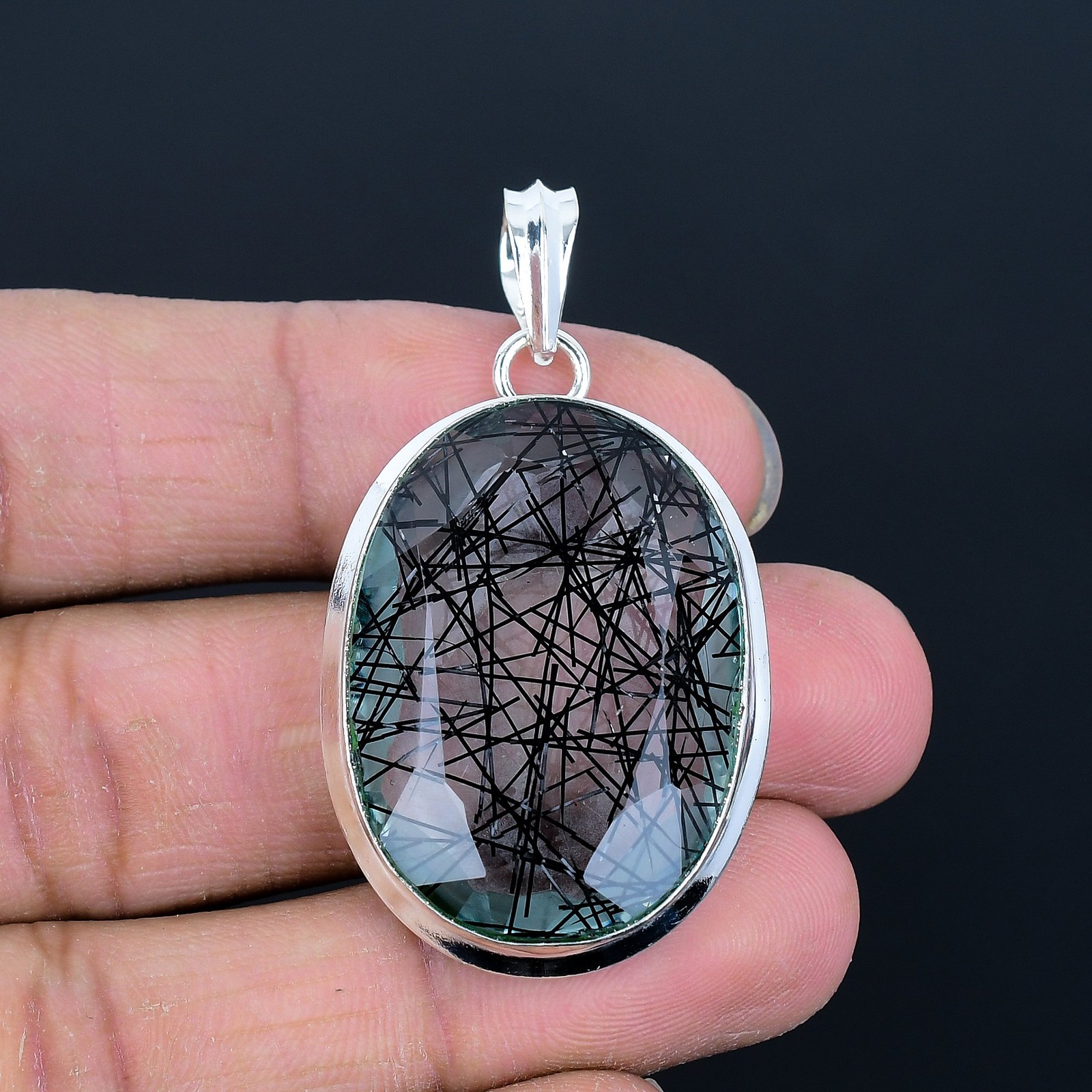 Black Rutile 925 Sterling Silver Oval Gemstone Jewelry Pendant 2.2″ AAB 1029