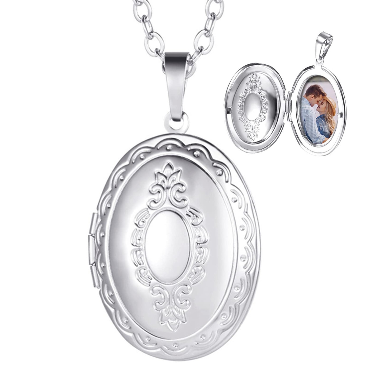 Oval Locket Pendant Necklace Platinum Plated Memorial Photo Lockets Charm Val…