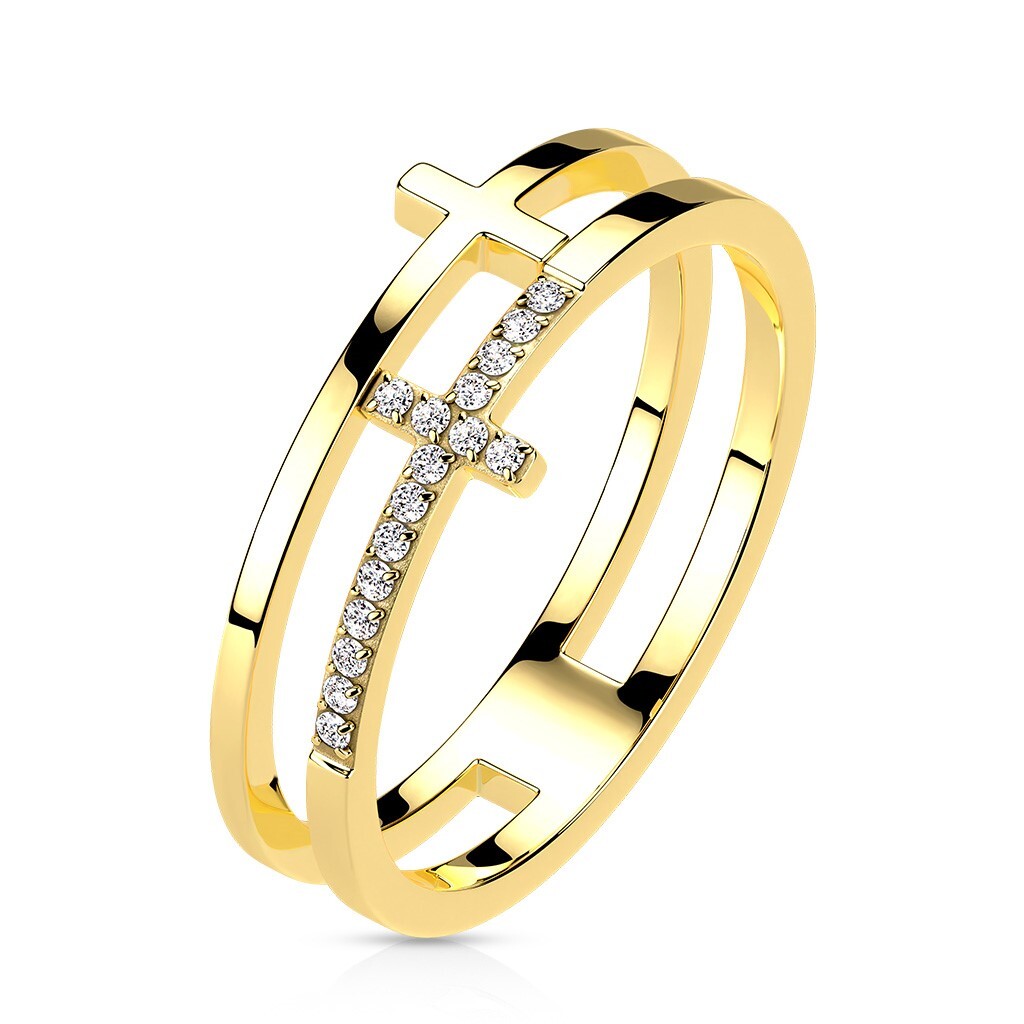Stainless Steel Split CZ Cross Ring Choose Silver, Gold/Rose Gold Plated