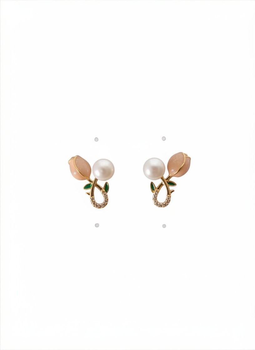 Gold Flower Stud Earrings Freshwater Pearl Pink White Green Enamel Butterfly