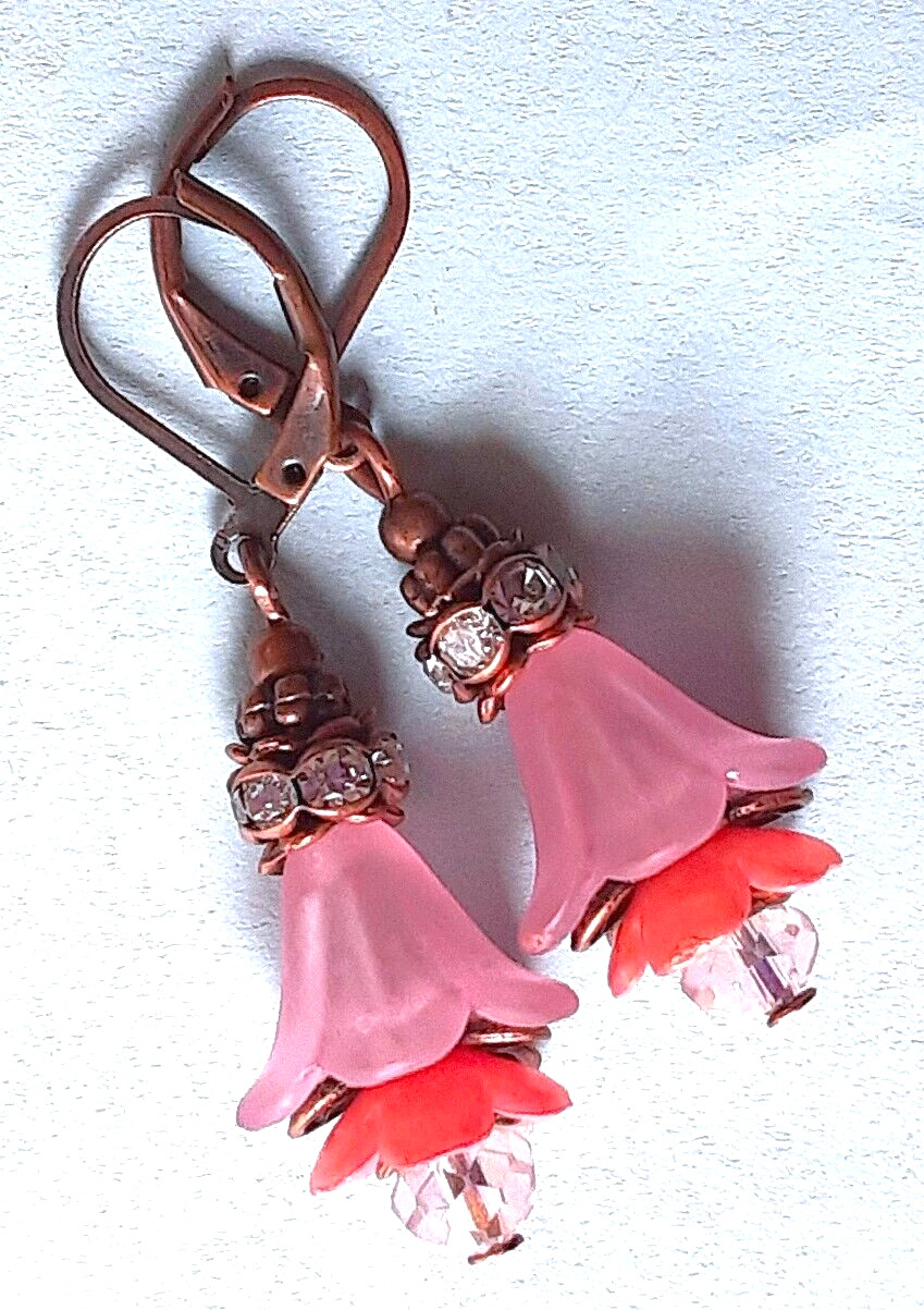 PINK PEACH acrylic FLOWER with CRYSTAL ring earring COPPER color LEVER BACK XX