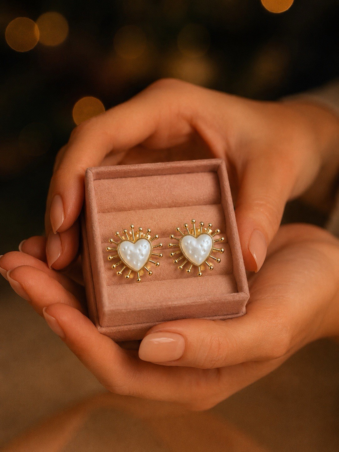 Gold Heart Stud Earrings, Mother of Pearl Heart Earrings, Sunburst Earrings