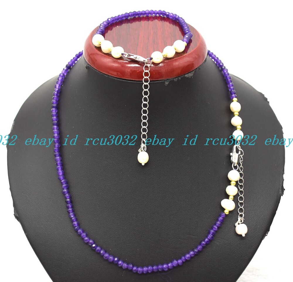 Faceted 2x4mm Multicolor Roundelle Gems & White Pearl Necklace Bracelet Set