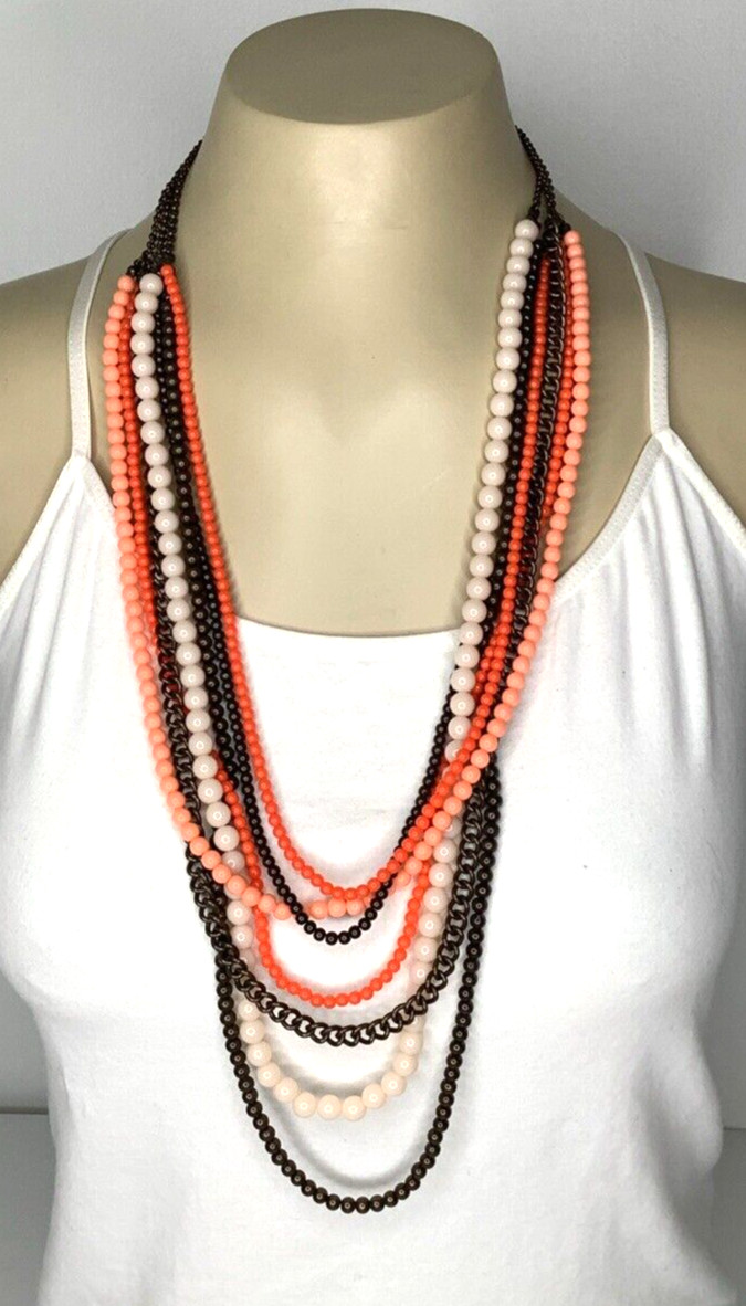 Premier Designs PAPAYA Layered Orange Brown Acrylic Beaded Necklace 924