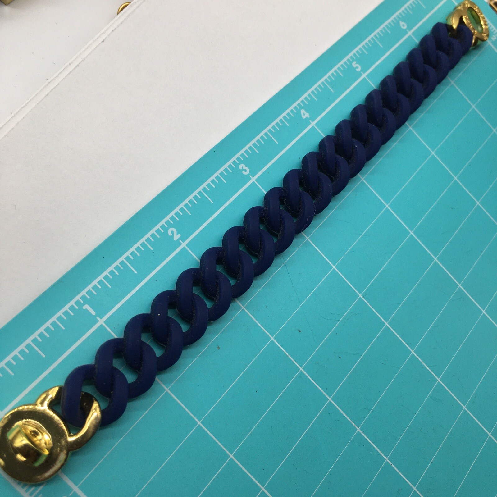Rustic Cuff Gold Tone Turn Lock Navy Blue Silicone Stretch Mock Chain Bracelet