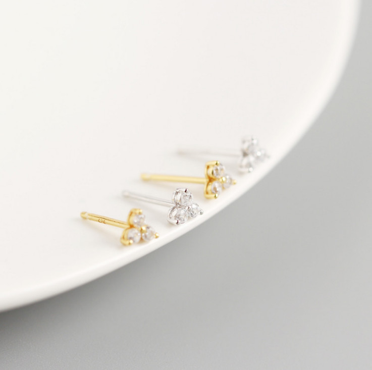 14K Gold Sterling Silver Lovely Adorable Tiny Triangle CZ Stud Earrings 4mm AJ