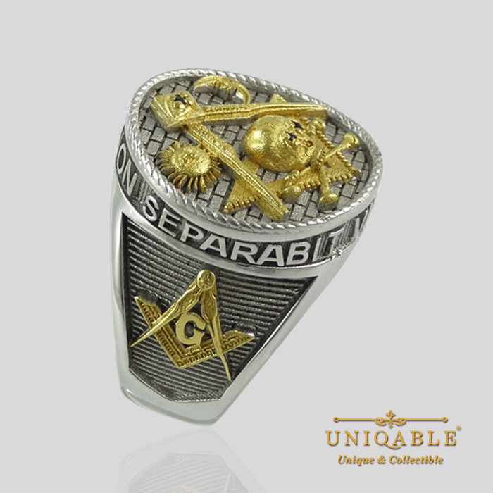 Masonic Memento Mori Skull Bones Ring Sterling Silver Gold Pl Freemason UNIQABLE