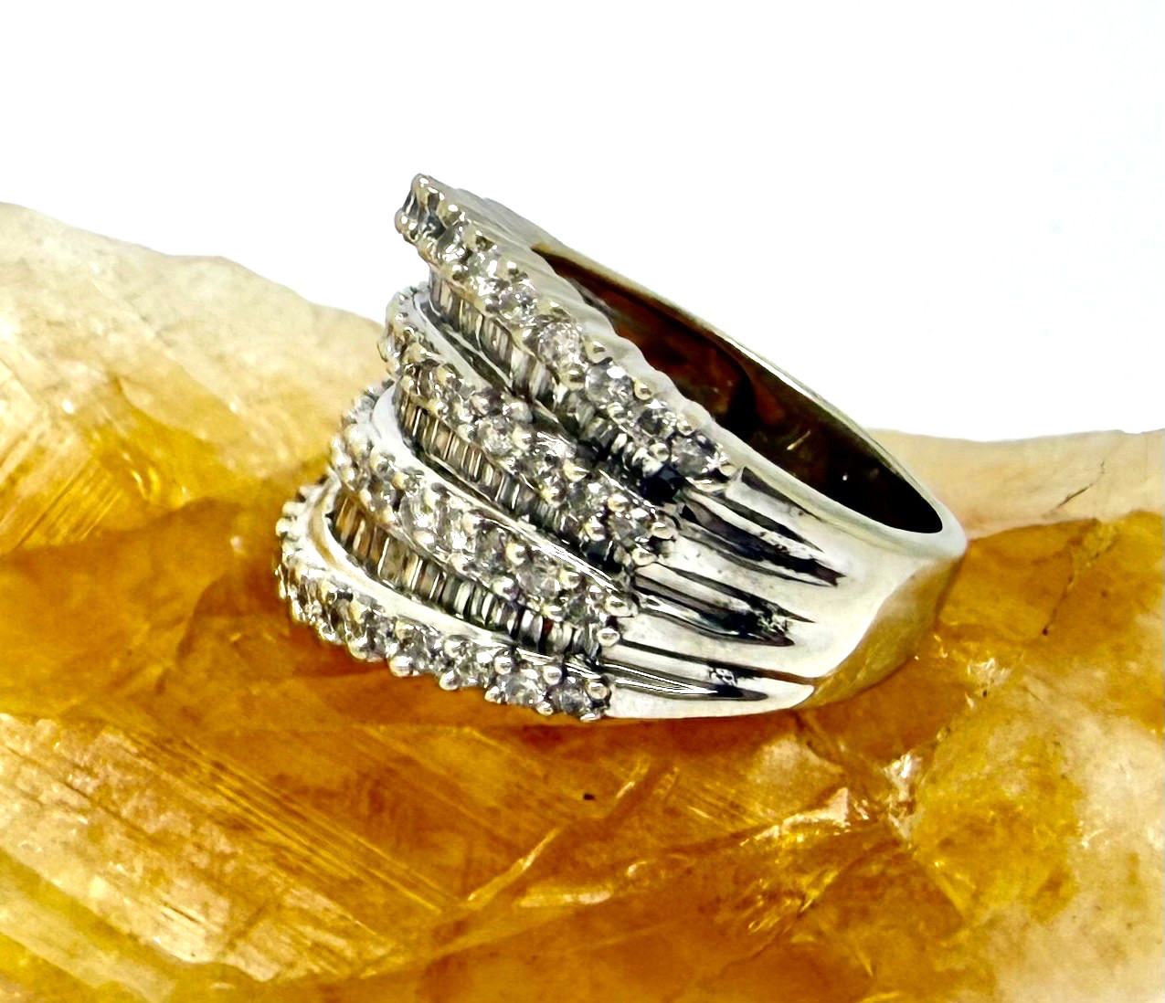 1.00 tcw Natural Diamond Wide Layered Wave Ring 14k White Gold w/Card Appraisal