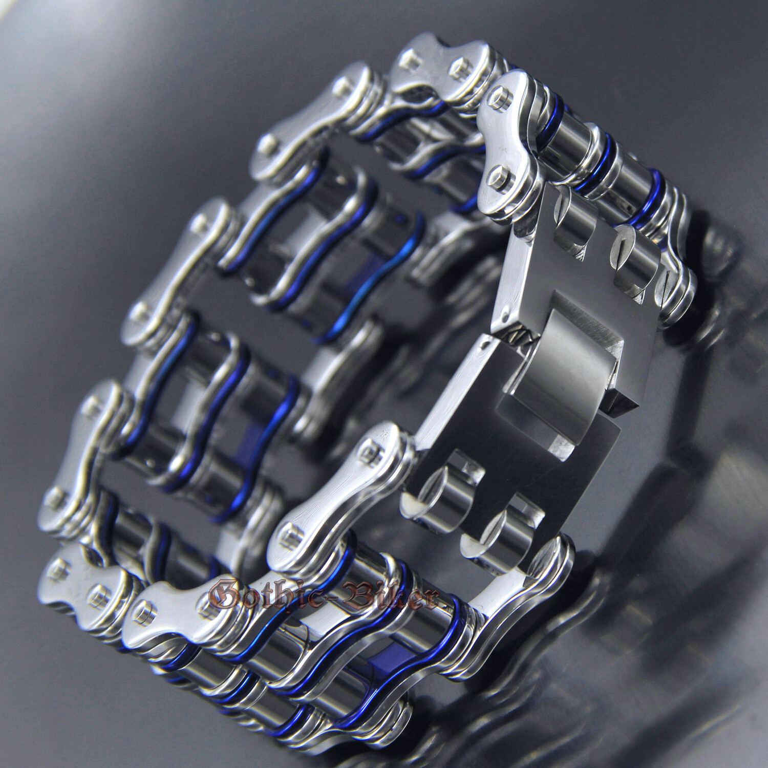 Men’s Heavy Stainless Steel Motorcycle Bike Chain Bracelet Silver/Blue 27mm Wide