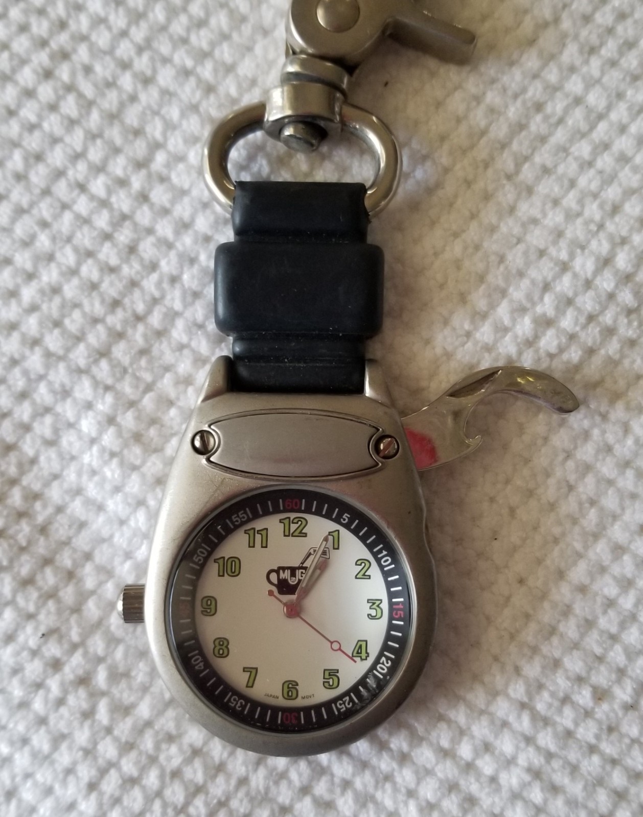 MUG Silver Tone Fob/Keychain Watch Carabiner w/Bottle Opener New Battery
