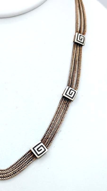Vintage Necklace Greek Key Triple Strand Choker Sterling Silver 14 Inch
