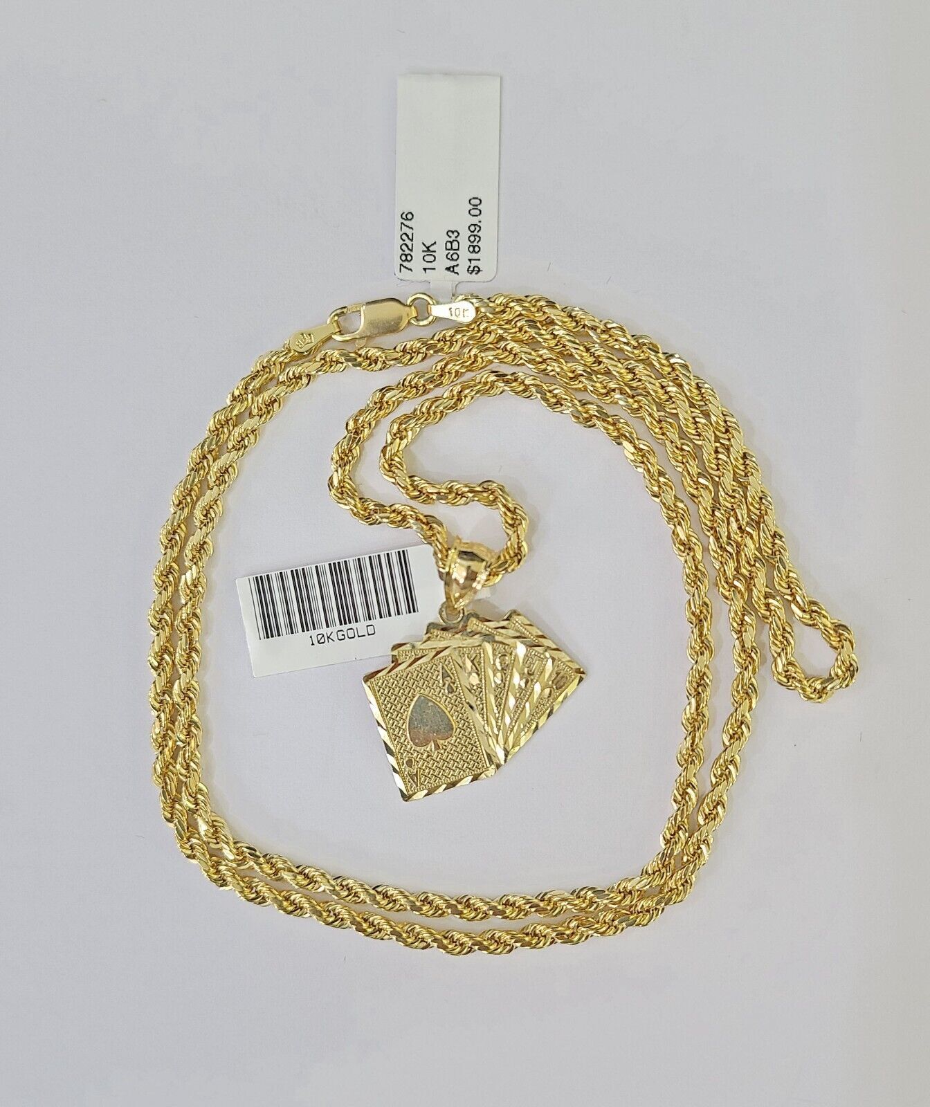 Real 10k 3mm Rope Chain Royal Flush Pendant 18″ 20″ 22″ 24″ 26″ Gold Set