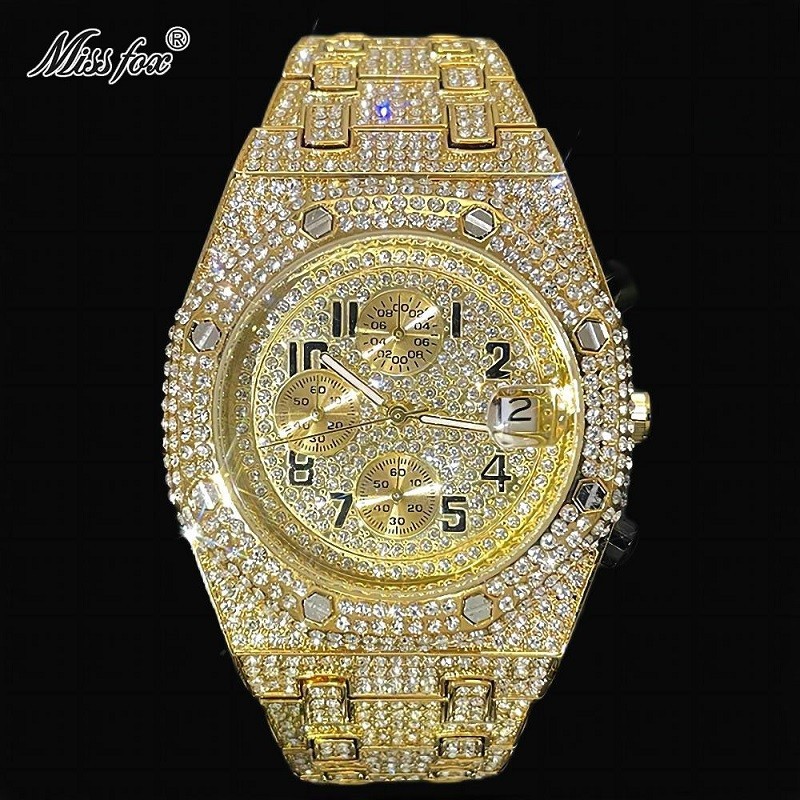 Luxury Hip Hop Custom Bling Ice out Men’s Watch Iced Gold Cz Diamond Chronograph