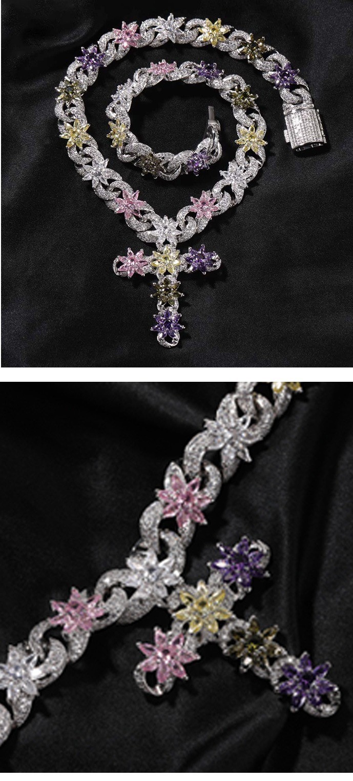 Hip-hop Chain Bling Rainbow Colored CZ Floral Necklace Heavy Gold Plated