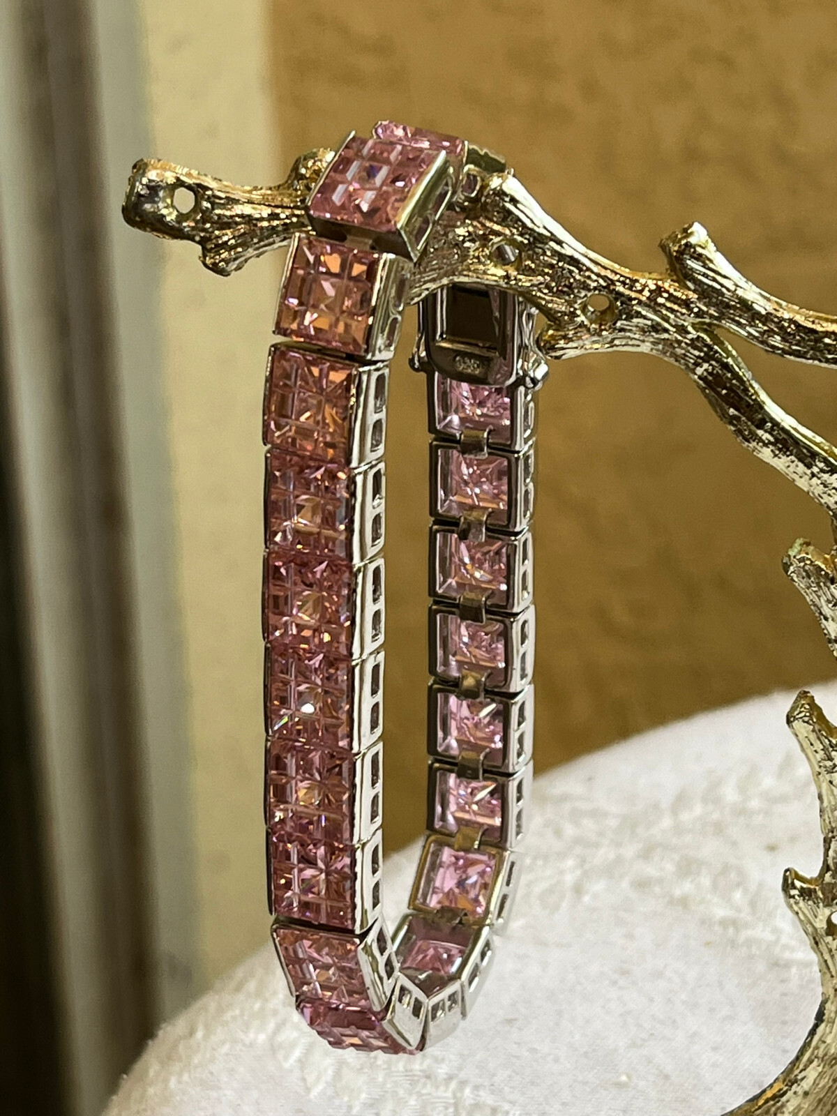 925 Sterling Silver Link Bracelet Brilliant Pink Heavy Push Lock with Security