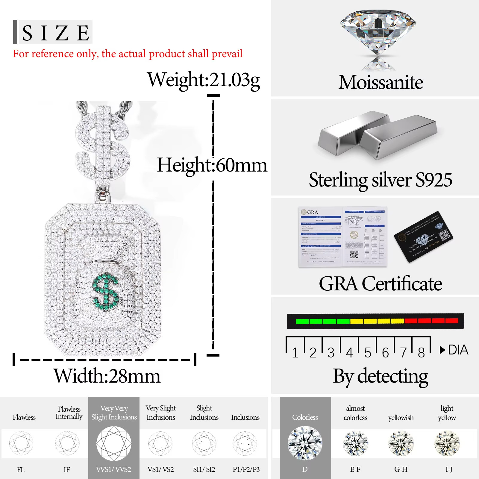 925 S Silver VVS Moissanite Money Bag Pendant Iced Out 14k White Gold Plated