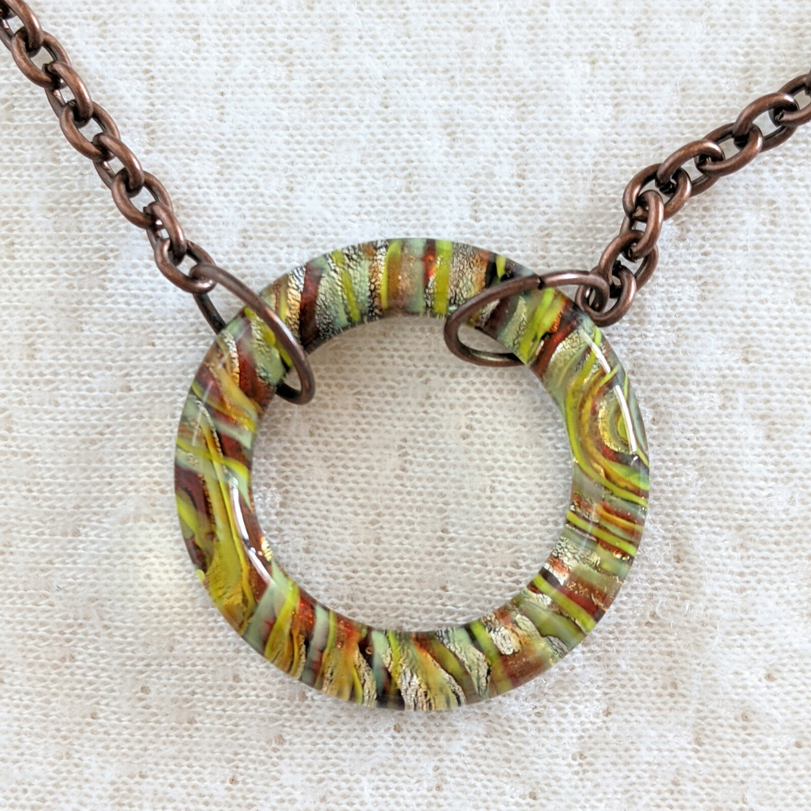 Copper Tone Multi Chain & Colorful Striped Art Glass Circle Beaded 29″ Necklace