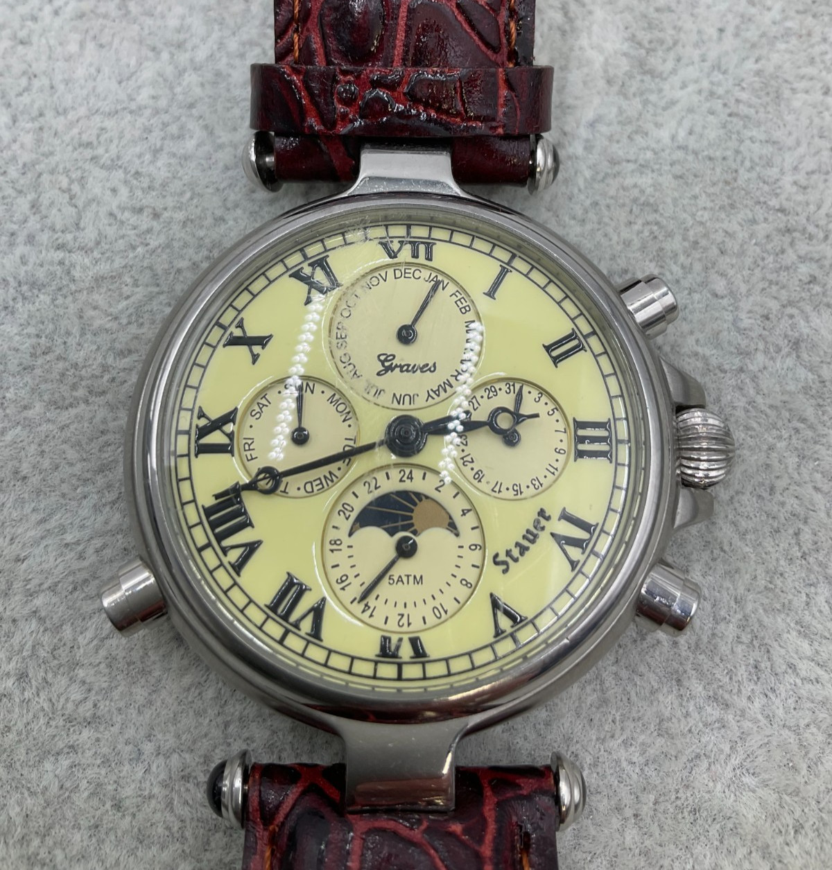 Stauer Graves 33 Five Face Automatic Men’s Watch Red Leather Strap working N6