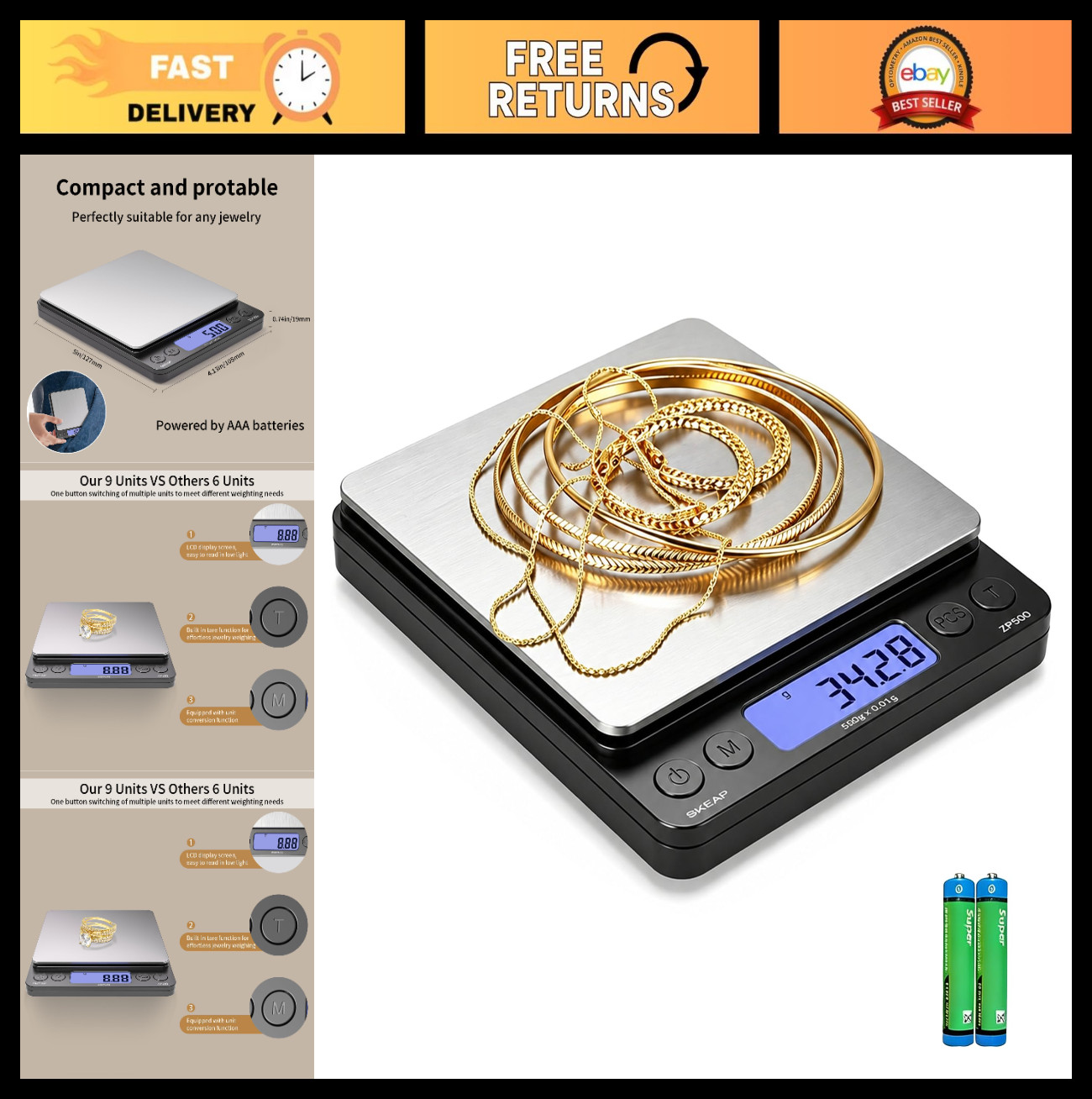 Precision Digital Jewelry Scale 500g x 0.01g – Backlit LCD, Tare Function for Ge