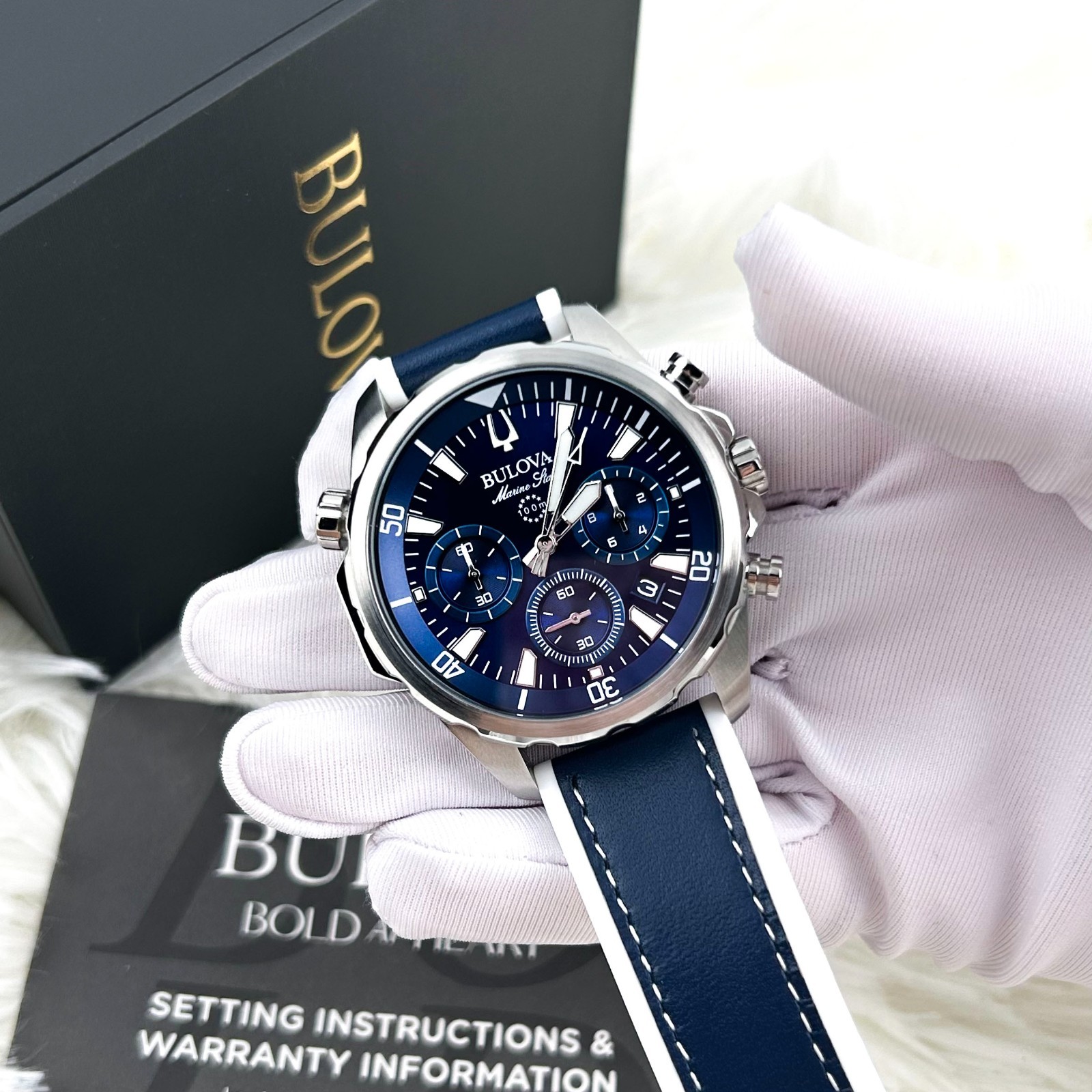 BULOVA 96B287 Marine Star Blue Dial Silicone Strap Men’s Chronograph Watch 43 mm
