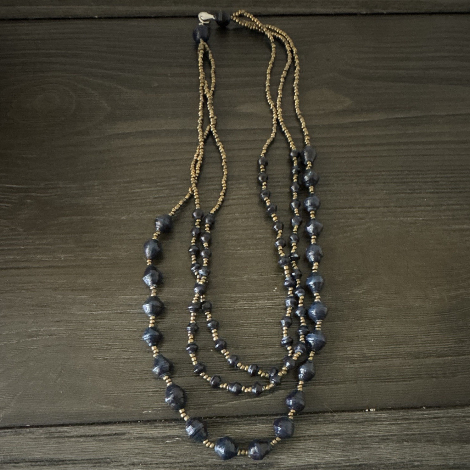 Blue & Gold Beaded Double-Strand Necklace Ball/Bead Chain No Stone
