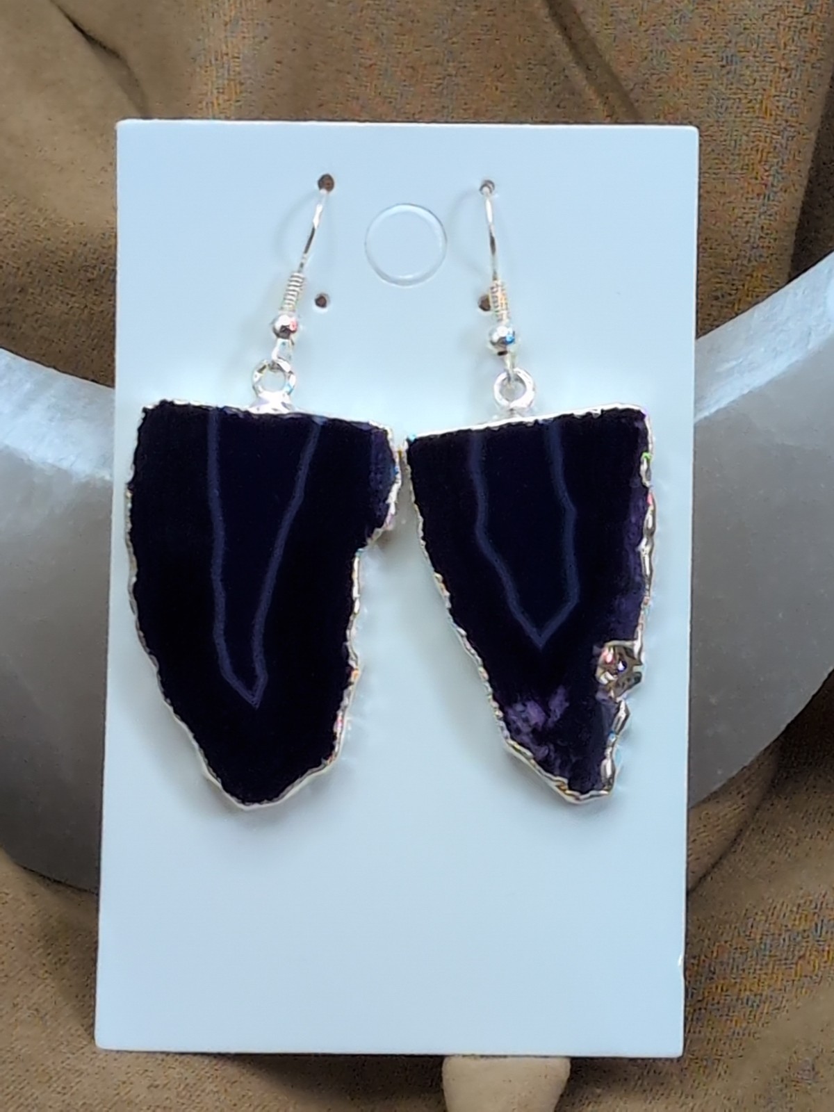 Natural Purple Agate Geode Slices Hook Earrings With Silver Plated Edge Brazil