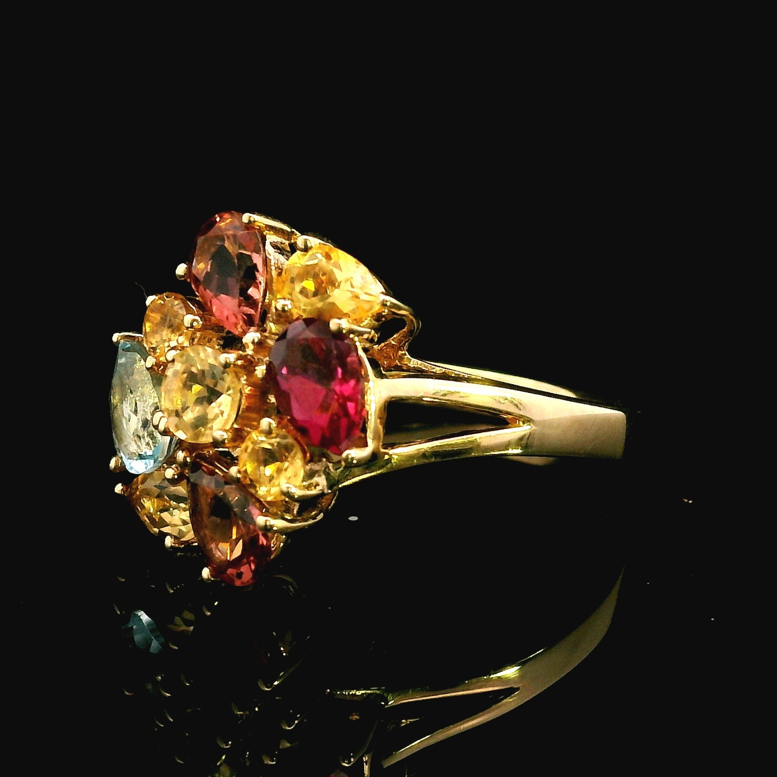 9ct Yellow Gold Ring Amethyst Topaz Garnet Sapphire Multi Gemstone 3.8g Stamped