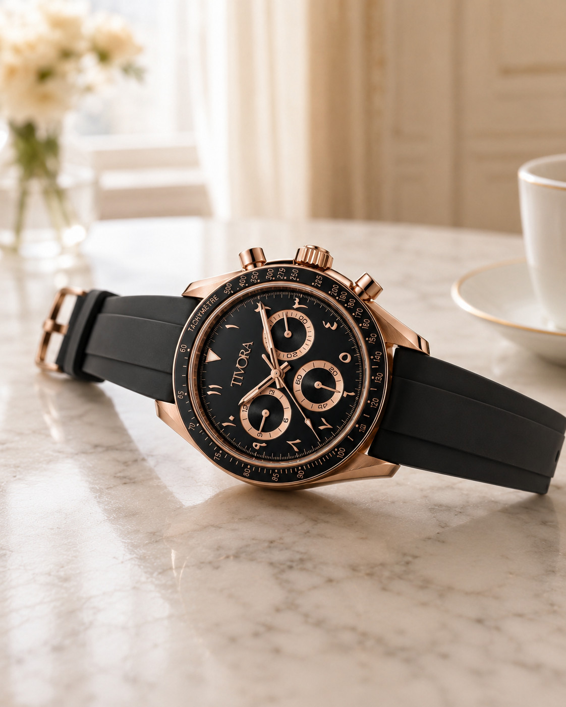 TÍVORÁ Veyron Rose Steel Onyx Dial Rubber V2 – Custom Branded Automatic Chronogr