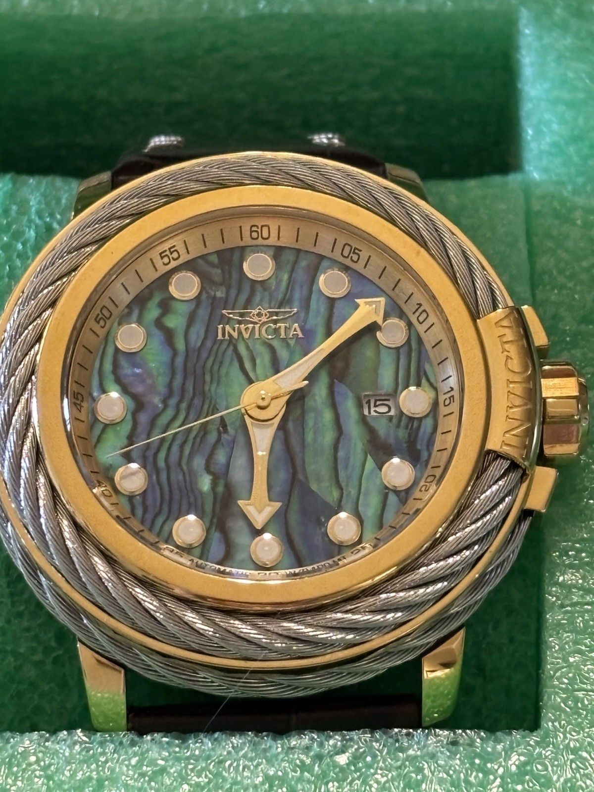 Invicta Bolt Men’s Automatic Watch Gold Tone Abalone Brown Leather model 24432
