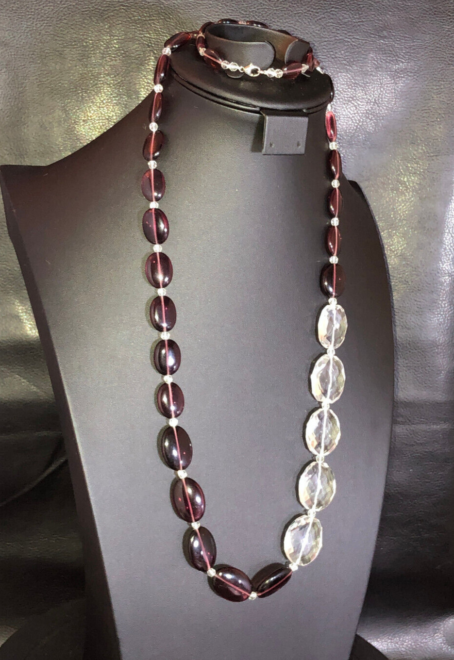 Burgundy Glass & Quartz Crystal Bead Station Necklace Sterling Silver 925 5393