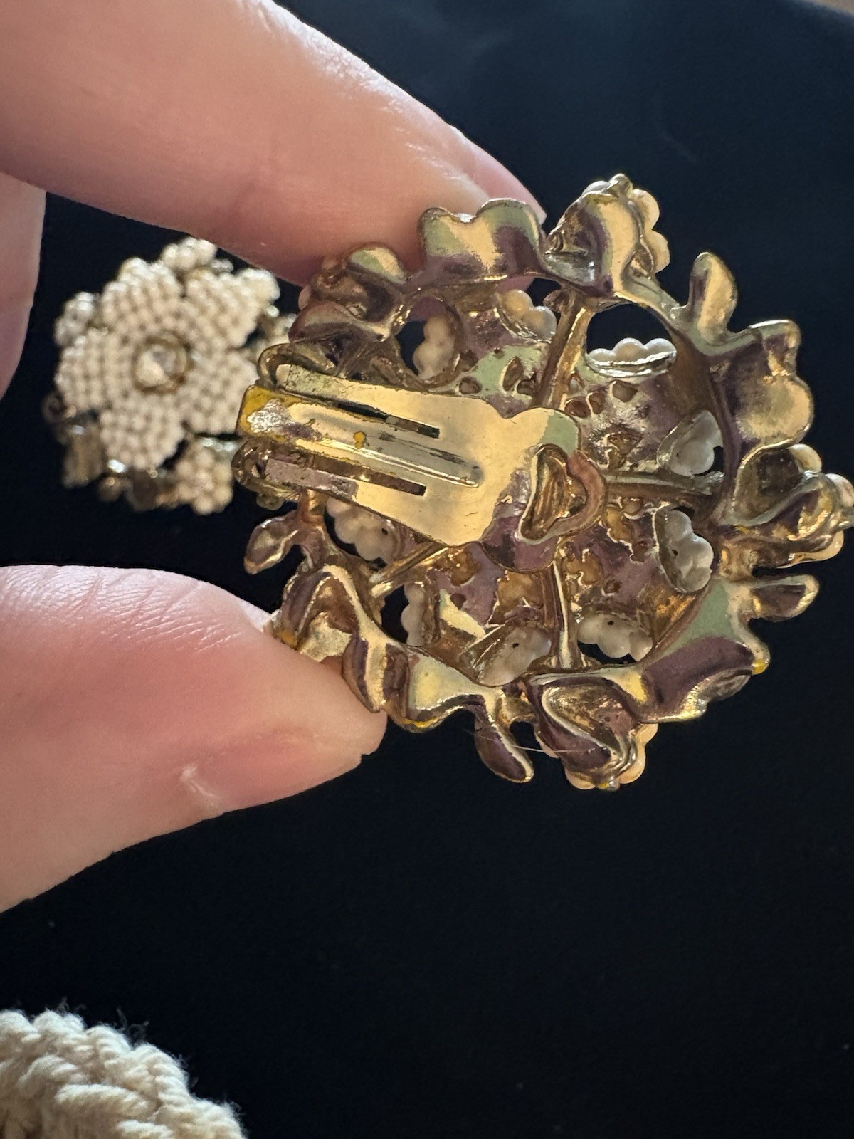 Vintage Beaded Flower Clip Earrings & Crochet Floral Brooch Set As Is