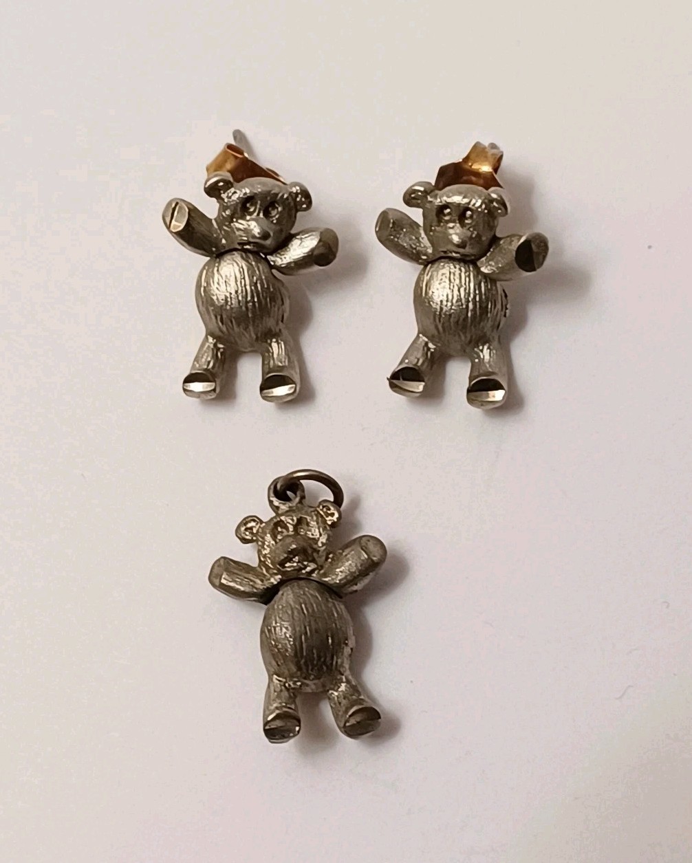 Tiny Pewter Articulated Teddy Bear Earrings & Pendant No Chain