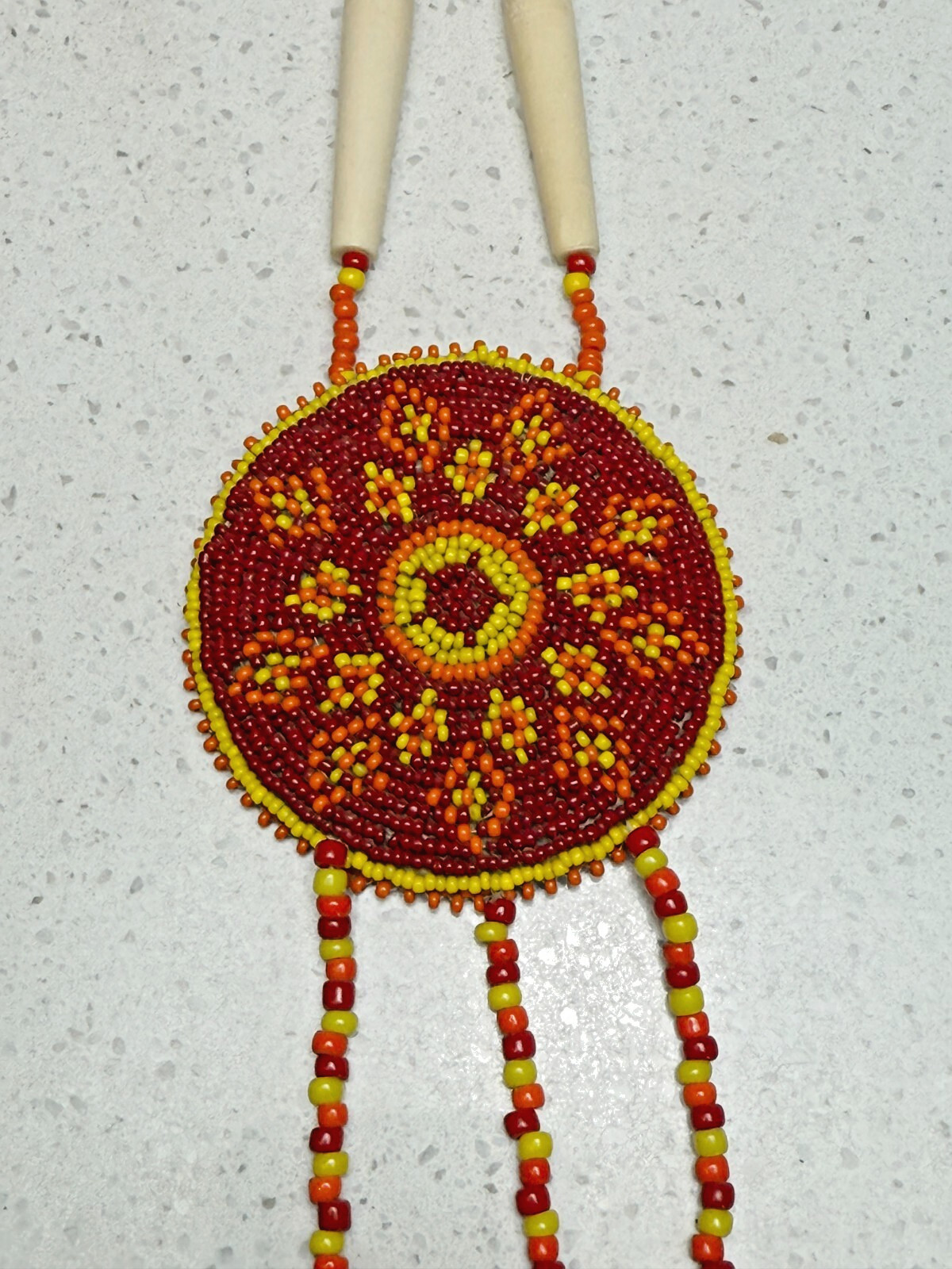 Handmade Beaded Medallion Necklace Red Yellow Bone Beads Cowrie Shells