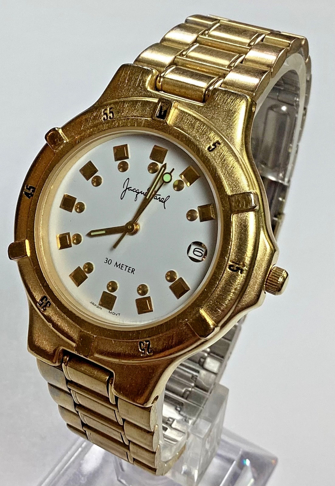 Jacques Farel Vintage Watch Gold Tone WR Date Stainless New Battery Size 7”
