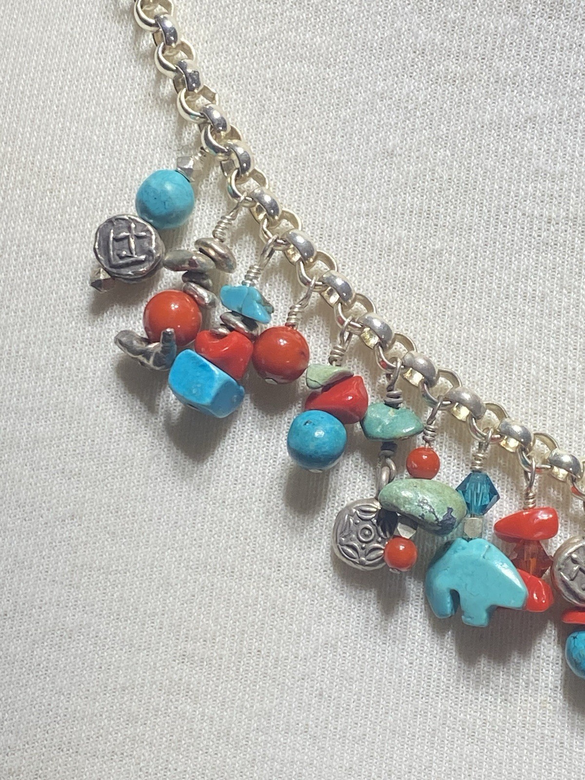 VINTAGE SOUTHWEST TURQUOISE & RED CORAL STERLING SILVER FEATHER CHARM NECKLACE