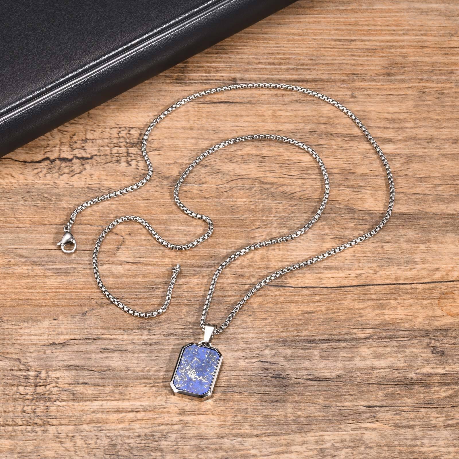 Stainless Steel Necklace Square Lapis Lazuli Pendant Tiger Eye Stone Premium
