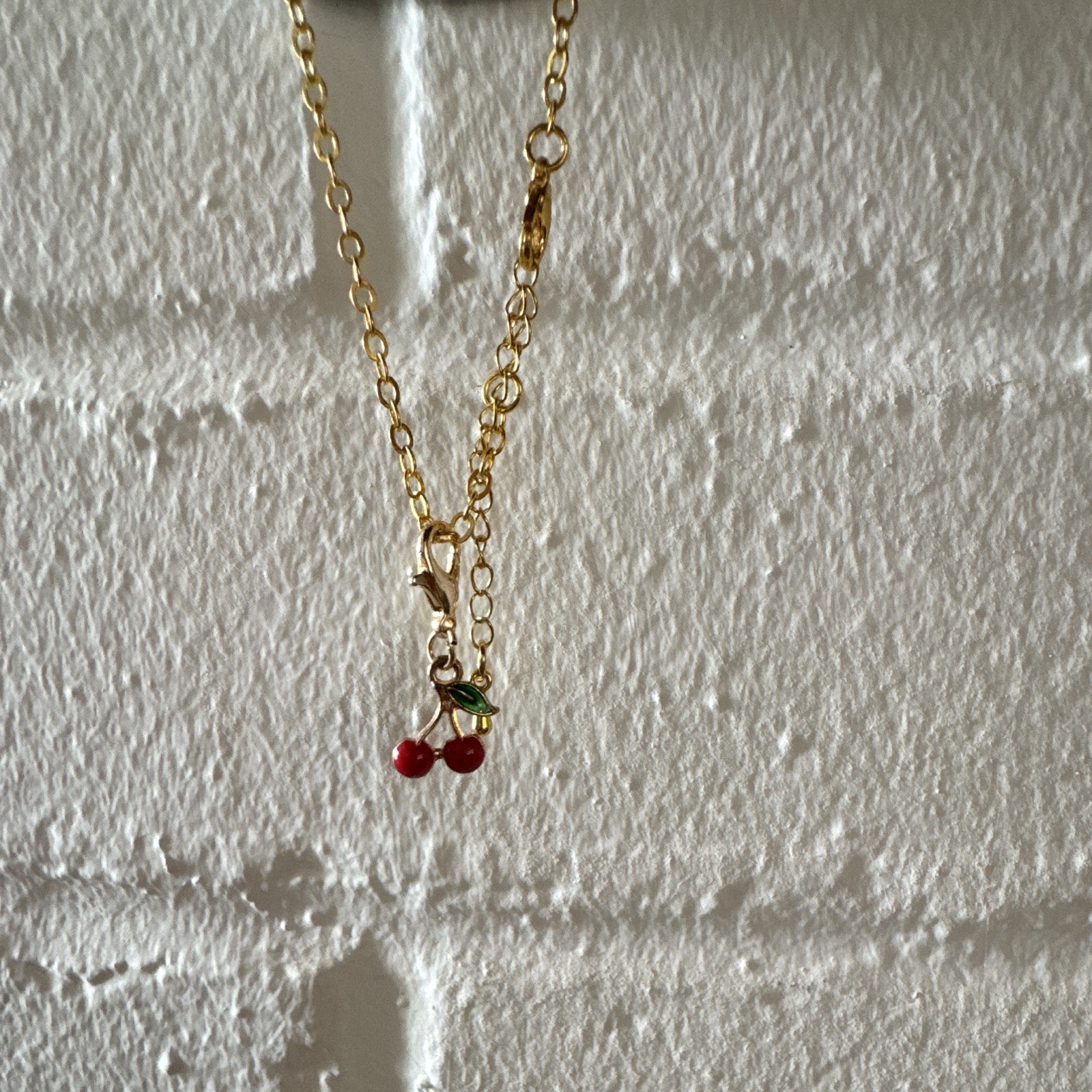 Gold Tone Cherry Charm Pendant Necklace Cable Chain Lobster Clasp Red Green