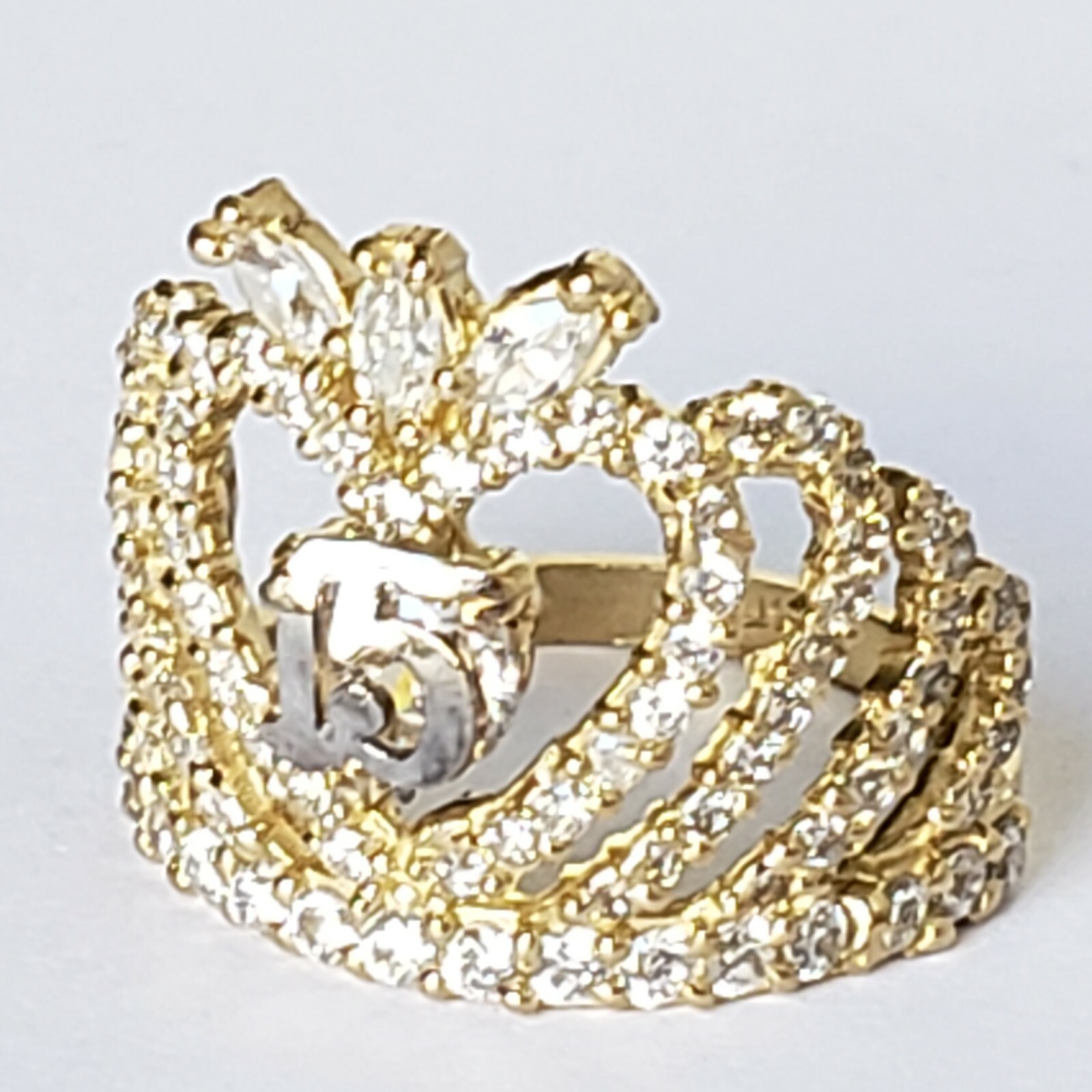 Big 10k yellow gold quinceanera 15 crown ring size 5 6 7 8 9 10 womans