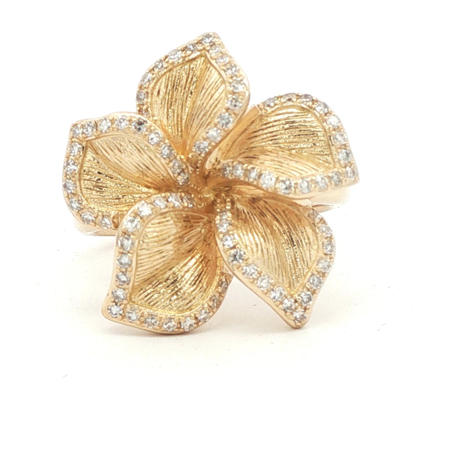 EFFY 14K Gold Pave Round Diamond Accent 5-Petals Ribbed Flower Statement Ring