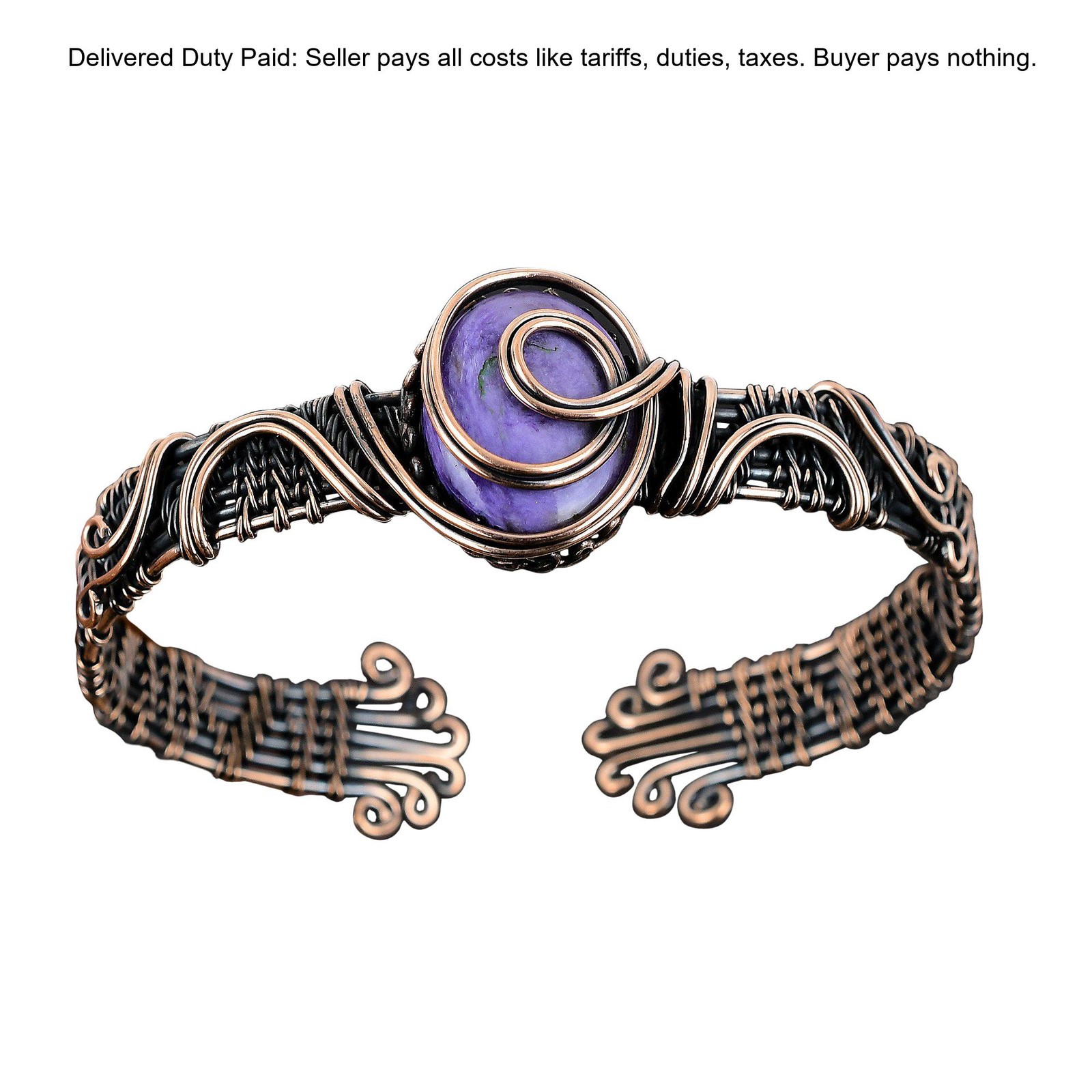 Copper Natural Charoite Confirmation/Communion Wife Wire Wrapped Bangle Bracelet