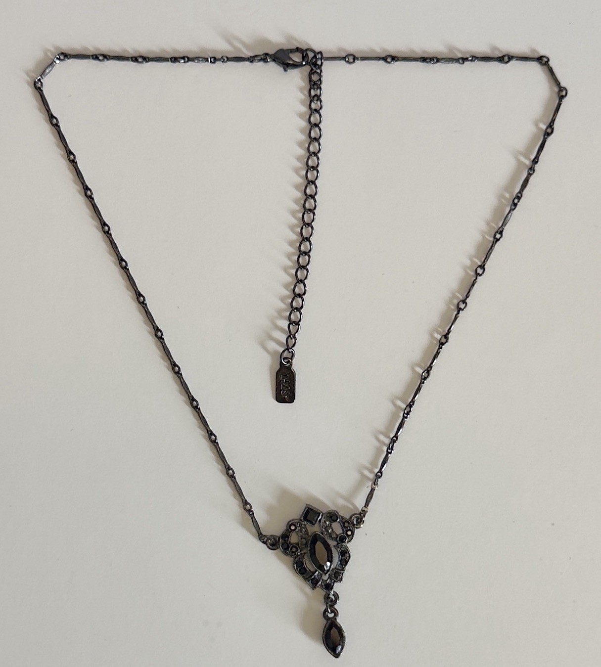 VTG 1928 Jewelry Co Black Rhinestone Marquise Y Drop Necklace Gunmetal Gothic